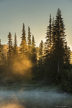 Morning sunlight and mist, Reflection Lake, Mount Rainier National Park, Washington State, United States of America, North America