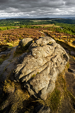 Rock and heather moorland, Surprise View, Peak District National Park, Derbyshire, England, United Kingdom, Europe