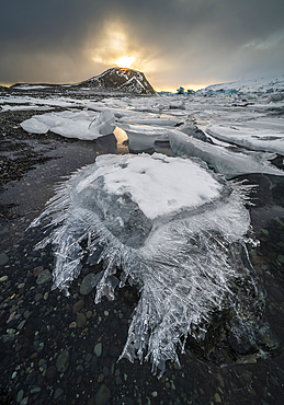 Ice shard, Jokulsarlon Ice Lagoon, sunset, Iceland, Polar Regions