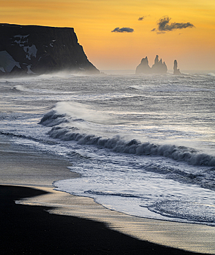 View from Dyrholaey to Reynisfjara at sunrise, Iceland, Polar Regions