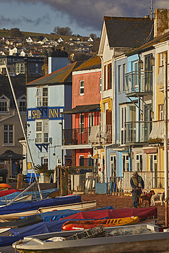 Harbourfront buildings along the edge of the Back Beach, beside the harbour in the estuary of the River Teign, in Teignmouth, Devon, Great Britain.