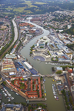 A view of the old Bristol docks, no longer commercially active but a tourism attraction, seen from a hot-air balloon, Bristol, England, United Kingdom, Europe