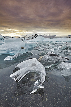 An iconic Icelandic landscape, an ice-filled lagoon fed by the Vatnajokull icecap, at Jokulsarlon, on the south coast of Iceland, Polar Regions