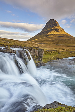 One of Iceland's iconic landscapes, Mount Kirkjufell and Kirkjufellsfoss Falls, near Grundarfjordur, Snaefellsnes peninsula, Iceland, Polar Regions