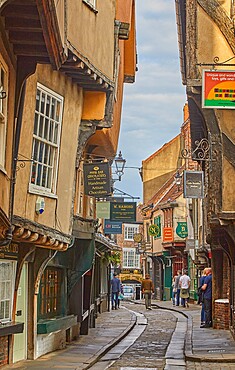 The Shambles, a Medieval street in the historic heart of York, in Yorkshire, northern England, United Kingdom, Europe