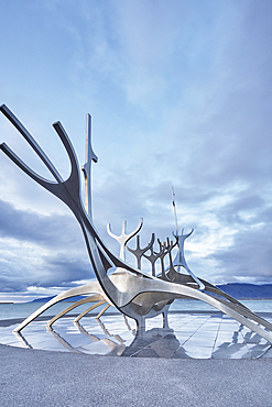 An evening view of the Suncraft sculpture, on the seafront at Reykjavik, capital city of Iceland, Polar Regions