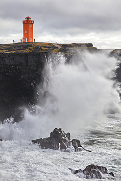 Storm surf against lava cliffs at Skalasnagi, Snaefellsjokull National Park, the northwestern tip of the Snaefellsnes peninsula, on the west coast of Iceland, Polar Regions