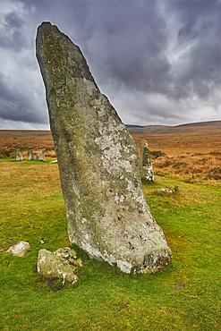 Scorhill Stone Circle, ancient stones in a prehistoric stone circle, on open moorland, Scorhill Down, near Chagford, Dartmoor National Park, Devon, England, United Kingdom, Europe