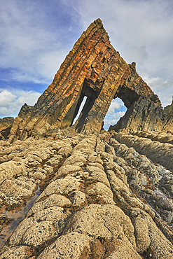 The massive triangle of Blackchurch Rock, on the north coast of Devon, near Clovelly, Devon, England, United Kingdom, Europe