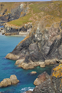 The stunning beach, rocks and cliffs at Kynance Cove, seen at at low tide, near the Lizard Point, Cornwall, England, United Kingdom, Europe