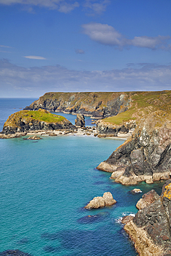 The stunning beach, rocks and cliffs at Kynance Cove, seen at at low tide, near the Lizard Point, Cornwall, England, United Kingdom, Europe