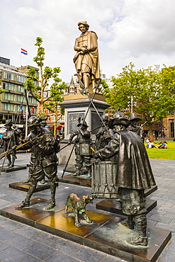 The statue of Rembrandt designed in 1852 by sculptor Louis Royer, Rembrandtplein square, Amsterdam, Netherlands, Europe