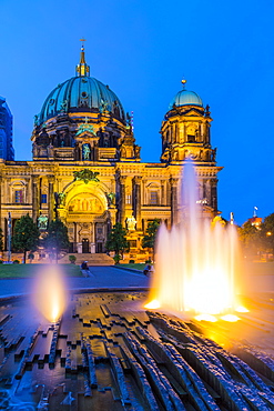 Fountain by Berlin Cathedral at night in Berlin, Germany, Europe