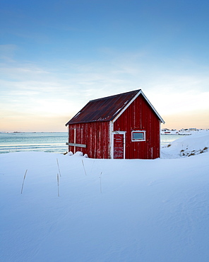 The Red Cabin by the sea, Lofoten Islands, Nordland, Norway, Europe