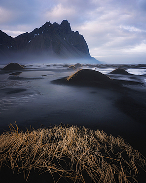 View of the mountains of Vestrahorn from black volcanic sand beach, Stokksnes, South Iceland, Iceland, Polar Regions