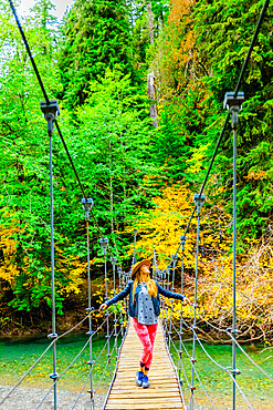 Woman taking in the scenery while crossing a bridge in Mount Rainier National Park, Washington State, United States of America, North America