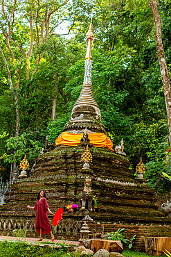 Woman with umbrella at Wat Pha Lat, Chiang Mai, Thailand, Southeast Asia, Asia