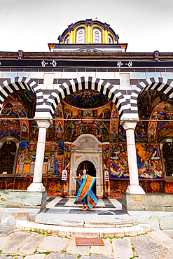 Woman at Rila Monastery, UNESCO World Heritage Site, Bulgaria, Europe