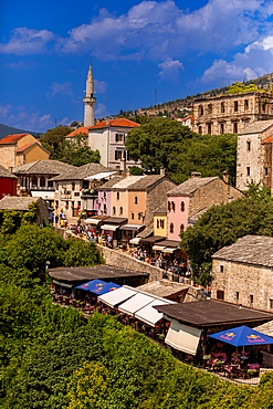 Buildings along the Neretva River in Mostar, Mostar, Bosnia and Herzegovina, Europe