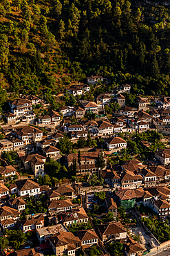 Cluster of well-preserved Ottoman-style houses with red-tiled roofs in the Gorica quarter of Berat, Berat County, Albania, nestled at the base of a forested hillside.