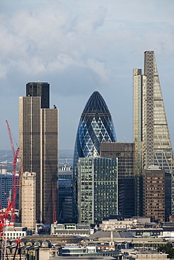 A view of the City of London including Tower 42, Swiss Re (The Gerkin), and Leadenhall Building (The Cheesegrater), from the top of Centre Point Tower in London, England, United Kingdom, Europe