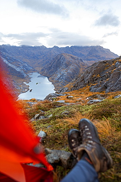 Wild camping on the top of Sgurr Na Stri looking towards Loch Coruisk and the main Cuillin ridge, Isle of Skye, Inner Hebrides, Scotland, United Kingdom, Europe