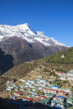 Namche Bazaar is the last town during the trek to Everest Base Camp, seen here with Kongde peak, Khumbu (Everest) Region, Nepal, Himalayas, Asia