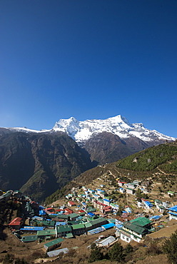 Namche Bazaar is the last town during the trek to Everest Base Camp, seen here with Kongde peak, Khumbu (Everest) Region, Nepal, Himalayas, Asia