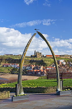 Whitby Abbey, St. Mary's Church viewed through the Whale bones on the west cliff, and the River Esk, Whitby, Yorkshire, England, United Kingdom, Europe