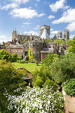 York Minster and Greys Court from the Bar Walls in springtime, York, Yorkshire, England, United Kingdom, Europe