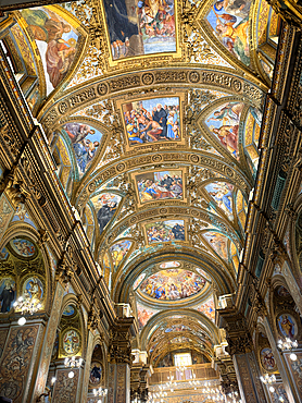 The religious frescos on the ceiling of the 8th century Church of San Giorgio in the city of Salerno. Italy. Europe.