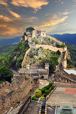 Xativa castle at dusk, at a height of 310 metres above the modern-day city, Xativa, Valencia, Spain, Europe