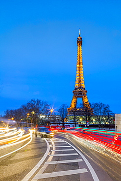 Eiffel Tower, traffic light trails, Paris, France, Europe