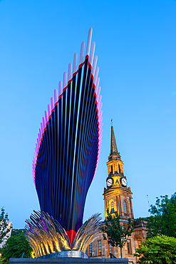 The Endeavour Sculpture, Town Hall in background, Port Glasgow, Inverclyde, Scotland, United Kingdom, Europe