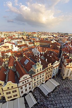 View of Prague's historic Old Town Square from Old Town Hall with rooftops and pedestrians below, UNESCO World Heritage Site, Prague, Czech Republic, Europe