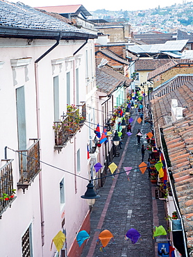 One of the narrow cobbled streets of Quito's historic centre, Quito, Ecuador, South America