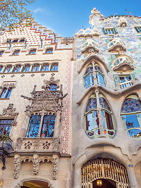 Side-by-side facades of Casa Amatller, by Puig i Cadafalch, and Casa Battlo, by Gaudi, UNESCO World Heritage Site, Barcelona, Catalonia, Spain, Europe