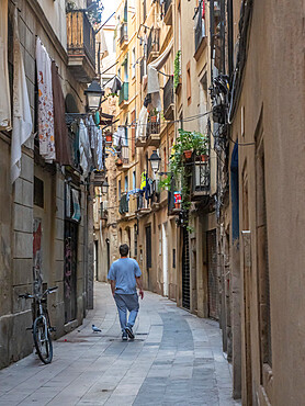 Winding street in the old center of Barcelona, Catalonia, Spain, Europe