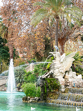 Griffen fountain with heron, Ciutadella Park, Barcelona, Catalonia, Spain, Europe