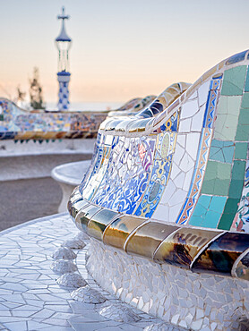 Bench in Park Guell, designed by Antoni Gaudi, UNESCO World Heritage Site, Barcelona, Catalonia, Spain, Europe