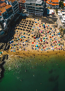 Top down vertical view of Rainha Beach on a sunny summer day, Cascais, Portugal, Europe