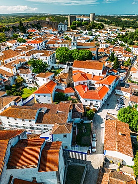 Aerial drone view of Obidos, a town in the Oeste region, historical province of Estremadura and Leiria district, Portugal, Europe