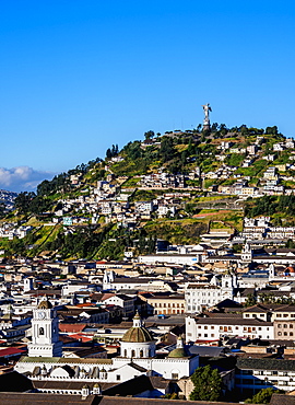 View over Old Town towards El Panecillo Hill, Quito, Pichincha Province, Ecuador, South America