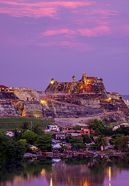 San Felipe Castle at sunset, UNESCO World Heritage Site, Cartagena, Bolivar Department, Colombia, South America