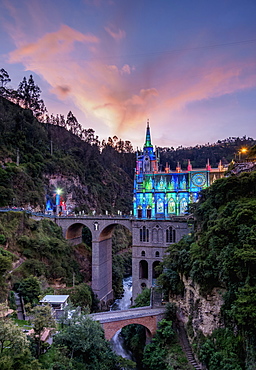 Las Lajas Sanctuary at dusk, Narino Departmant, Colombia, South America