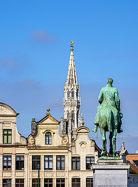 Statue of King Albert I and Town Hall Spire, Mont des Arts, Brussels, Belgium, Europe