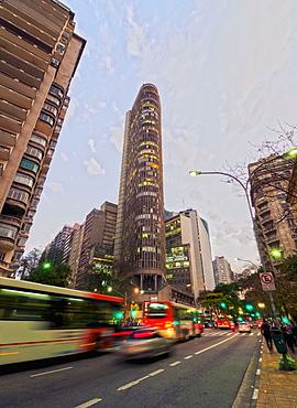 Twilight view of the Ipiranga Avenue and the Edificio Italia, City of Sao Paulo, State of Sao Paulo, Brazil, South America