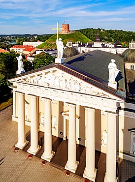 View over the Cathedral Basilica towards the Castle Hill and Gediminas Tower, Old Town, Vilnius, Lithuania