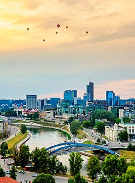 View over Neris River towards Snipiskes, New City Centre, sunset, Vilnius, Lithuania