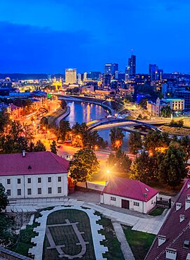 View over Neris River towards Snipiskes, New City Centre, dusk, Vilnius, Lithuania